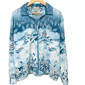 Vintage Jacket Woman Large Blue Oriental Print Full Zip Lightweight Pockets - Picture 1 of 12
