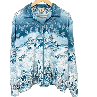 Chaqueta De Colección Mujer Grande Azul Estampado Oriental Cremallera Completa Bolsillos Ligeros Foto 1 de 4