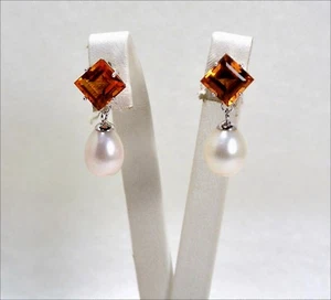 Pendientes de Oro Blanco 18KT Con Citrino Y Perlas Blancas Obht 023 - Imagen 1 de 3