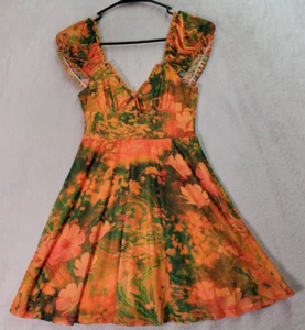 Urban Outfitters Fit & Flare Dress Womens XS Green Orange Floral Pleated V Neck - Picture 1 of 8