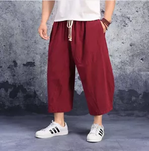 Pantalones Cortos Para Hombres Verano Lino Cordón 3/4 Informales Transpirables Sueltos Pantalones - Imagen 1 de 8