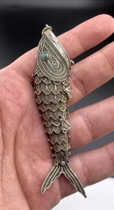 Awesome Vintage Chinese Movable Fish Pendant Gold Gilt with Turquoise Eyes - Picture 1 of 10