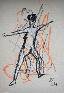 Abstrakte Aktzeichnung - Mehrfarbige Gestenfigur Kunst auf Papier - Bild 1 von 4