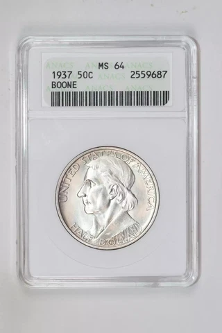 1937 BOONE SILVER COMMEMORATIVE HALF DOLLAR ANACS MS64 Cover
