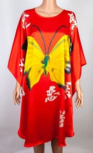 [Nuovo con etichette] Accappatoio/Vestito Donna Rosso con Stampa Farfalla 100% Seta Charmeuse Taglia XL - Foto 1 di 3