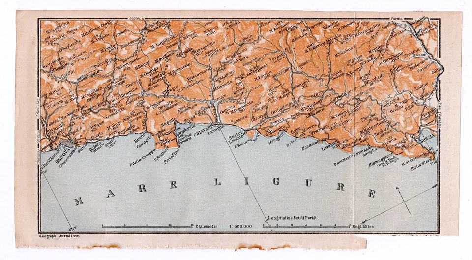 1909 Genoa, Portofino, Rapallo, Chiavari, Liguria, Italy, Antique Map - Image 1 of 1