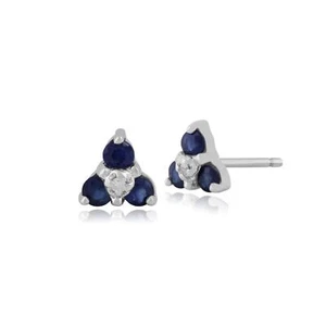 Pendientes clásicos redondos de zafiro y diamantes en oro blanco de 9 quilates - Imagen 1 de 3