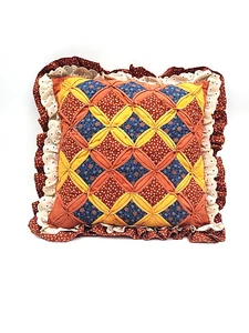 Vintage Quilted Cathedral Window Sofa Pillow Orange Blue Gold Ruffle 14" - Picture 1 of 23