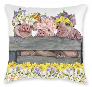 Piglet Floral Throw Pillow, Decorative Cushion, Cute Farm Accent Pillow, Spring - Picture 1 of 1