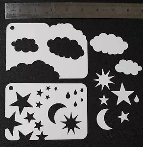 2 in 1 NUVOLE STELLE PIOGGIA GOCCE LUNA SOLE Meteo Aerografo Stencil Forme Viso - Foto 1 di 3