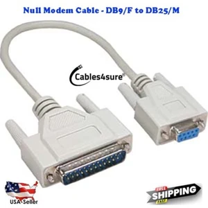 DB9 Female to DB25 Male DB9F/DB25M Null Modem Adapter Cable White 1Ft|6Ft - Picture 1 of 1