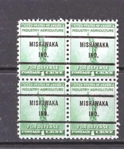 SCOTT # 899 - BLOCK OF 4 PRECANCELED MISHAWAKA IND ONE CENT STAMPS - F / VF - Picture 1 of 2