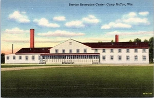 Centro de Recreación, Camp McCoy Wisconsin - Postal de Lino 1942 - Base Militar del Ejército - Imagen 1 de 2