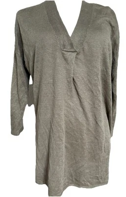 Blusa para mujer Max Studio M cuello en V 100 % lino aberturas laterales verde caqui transparente Foto 1 de 4