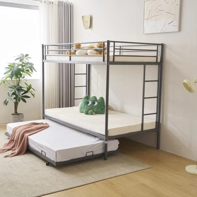Twin Over Twin Bunk Bed with Trundle Triple Bunk Beds for Kids Teens Adults Room - Image 1 of 4