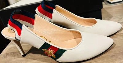 Gucci White Leather Web Detail Sylvie Slingback Pumps SIZE 37 - Image 1 of 4