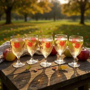 6er Set Vintage Libby Herbst Herbst Blätter Wein Wasser Stiel Kelch Glas 16 oz - Bild 1 von 12