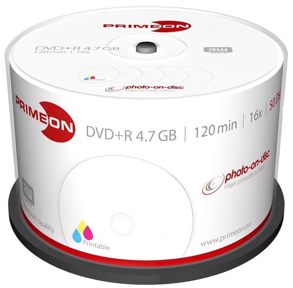 PRIMEON DVD-Rohling DVD-R 120Min 4.7GB 16x Cakebox 50 Stk printable - Bild 1 von 1