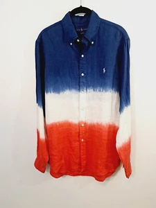 Ralph Lauren Men's Blue Red White Dip Dye Linen Button Down Shirt Size Medium - Picture 1 of 5