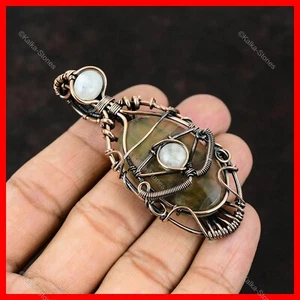 Womens day Deal Natural Multi Fluorite Rainbow Moonstone Copper Sister Pendant - Picture 1 of 7