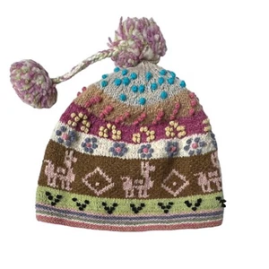 Girls Winter Alpaca Hat Pom Pom Beanie Knit Wool Cap Handmade, Peruvian Chullo - Picture 1 of 12