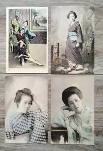 Juego de 4 fotos postales antiguas japonesas mujer geisha - Imagen 1 de 13