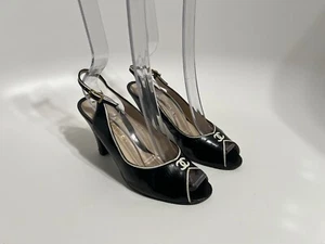 Vtg Chanel Black Leather Slingback CC Logo Peep Toe Heels US6 - Picture 1 of 23