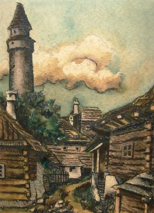 Jindrich Mahelka 1919-1990 zugeschr. / Aquarell Ansicht Stramberk mit Truba 1970 - Bild 1 von 1