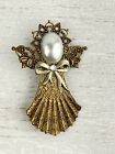 Vintage Angel Pin Brooch Antiqued Gold Tone Dress w/Faux Pearl Face 2.25" x 1.5"