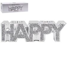 Silver Sparkle Crushed Diamond "Happy" Tea Light Candle Holder Ornament