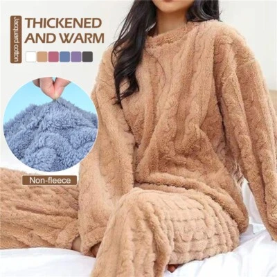 Damen Fraue Winter Fleece Kuschelig Flauschig Warm Weich Pyjama Schlafanzug Set - Bild 1 von 4