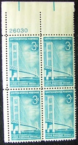 Plate block of US 3c Stamp Scott #1109, Mackinac Bridge MNH 1958 - Picture 1 of 2
