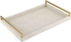 Large Serving Tray 17.8*11.8 Faux Leather Tray Gold StainlessSteel Handle Ivory - Picture 1 of 7