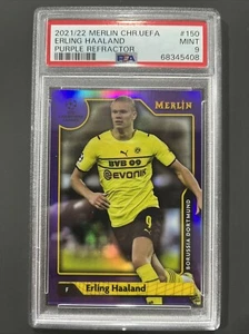 2020-21 Topps Merlin ERLING HAALAND Viola Rifrattore SSP 07/15 PSA 9 🇳🇴⚽️🔥 - Foto 1 di 5