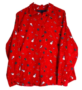 KAREN SCOTT Weihnachten Knopfleiste Kragen Hemd Large 100 % Baumwolle Urlaub rot - Bild 1 von 10