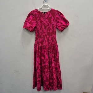 ME+EM Red Smocked Two Tone Tulip Printed Maxi Cotton Dress Size Uk 12 - Picture 1 of 8