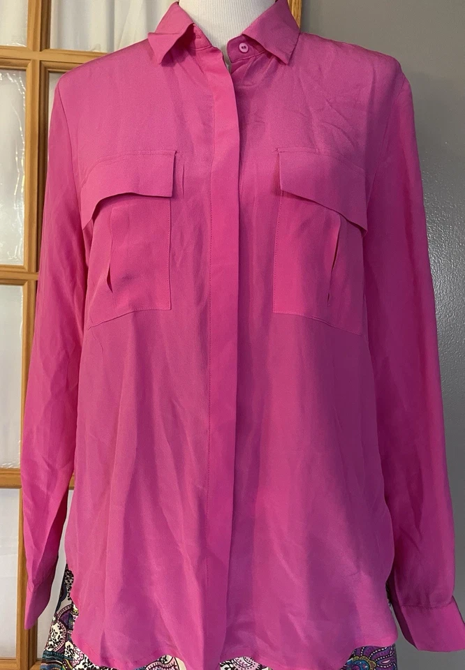 Blusa Joe Fresh Seda Botón Años 90 Talla L Rosa Bolsillos Manga Larga Clásica Carrera Foto 1 de 4