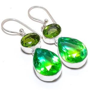bicolore Tormalina, Peridoto Gemma Argento Sterling 925 Gioielli Orecchino 5.1cm - Foto 1 di 5
