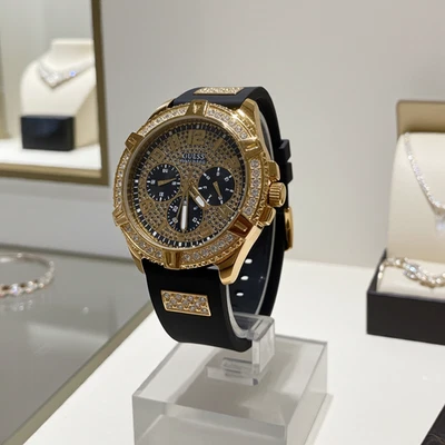 Guess Мужские часы W1132G1 границы золото кристалл черный силиконовый ремень новый - Изображение 1 из 4