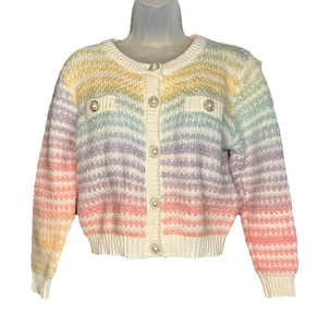 Damen Streifen Pastell Regenbogen Crop Cardigan Pullover Perlen Knöpfe Kawaii weich Mädchen - Bild 1 von 9