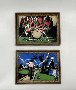 Set Of 2 Vintage Reverse Glass Paintings Decorative Floral And Nature Scene 1932 - Picture 1 of 12