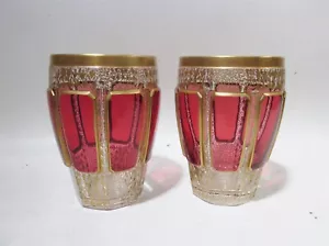 Antiker böhmischer Moser Preiselbeer Cabochon vergoldete Kristall Paar 4" Becher - Bild 1 von 7