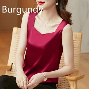 Women Silky Plain Satin Tank Vest Top Sleeveless Wide Strap Camisole Blouse Top - Picture 1 of 19