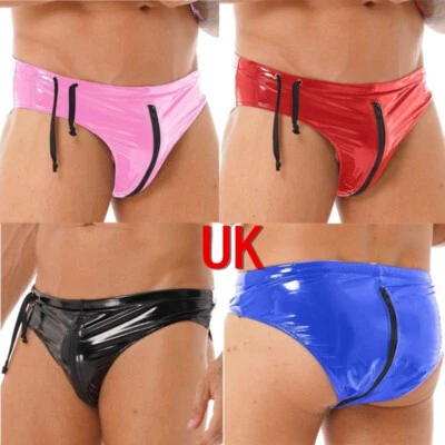 UK Freebily Men Shiny Swimming Trunks Low Waist Zipper Brief Swimsuit Underwear - Image 1 of 3