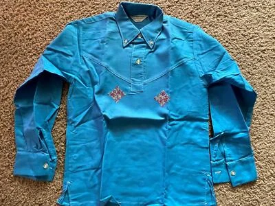 VTG BOYS KIDS 12 NEW BLUE DRESS HIPPY DISCO RETRO SURF SURFER LONG SLEEVE SHIRT - Image 1 of 3