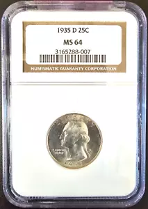 1935-D Washington Silver Quarter, NGC MS64 - Picture 1 of 2