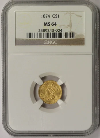 1874 Indian Princess Large Head Gold Dollar $1 MS 64 NGC Cover