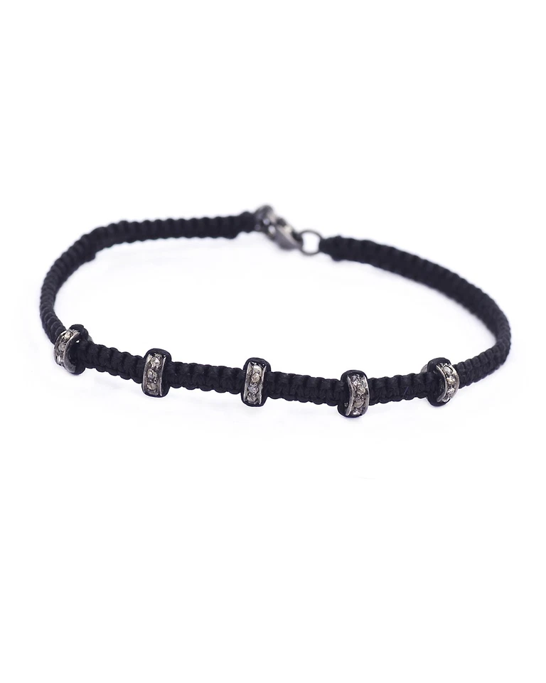 Brazalete ajustable trenzado hilo macramé negro diamante plata de ley 925 Foto 1 de 2