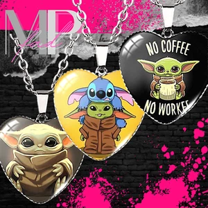 Baby Yoda Mandalorian Necklace Cabochon Pendant Heart-Shaped PICK-A-CHARACTER - Picture 1 of 7