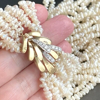 14K Yellow White Gold 0.6ctw Diamond Clasp Choker Necklace 11 Strand Keshi Pearl - Image 1 of 4